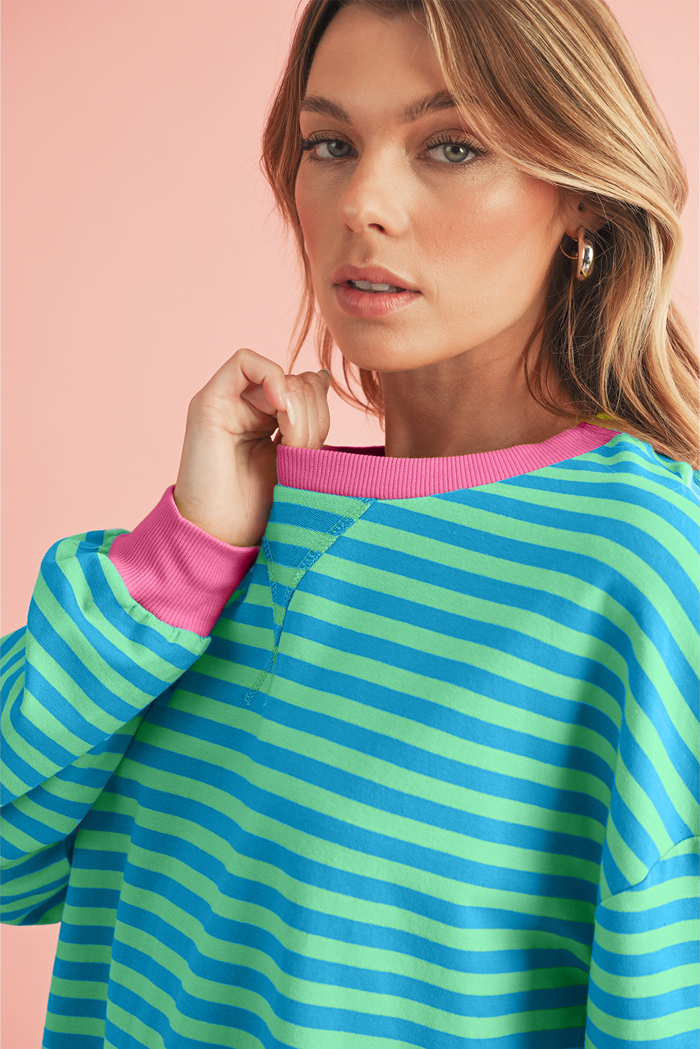 Green Stripe Contrast Edge Oversized Sweatshirt