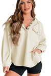 Apricot Textured Buttoned Neckline Side Pockets Hoodie