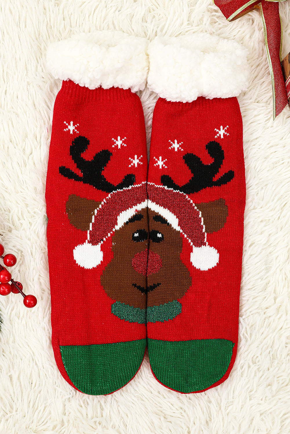 Red Christmas Reindeer Pattern Thermal Socks