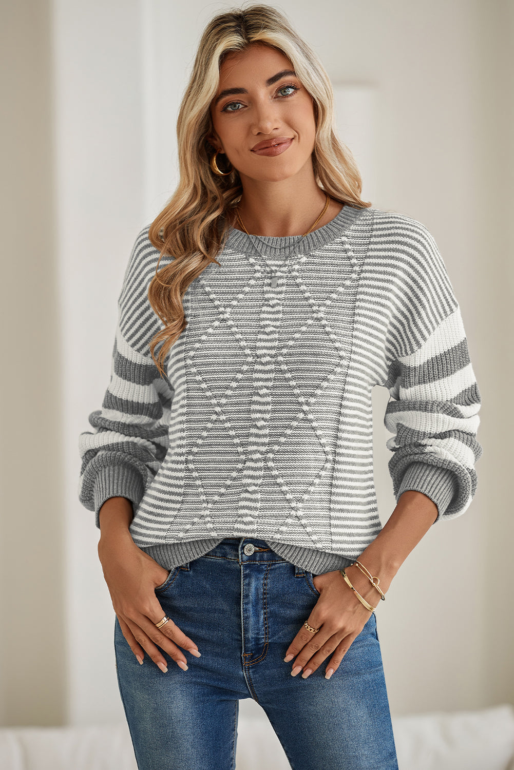 Red Stripe Twisted Knitted Drop Shoulder Sweater