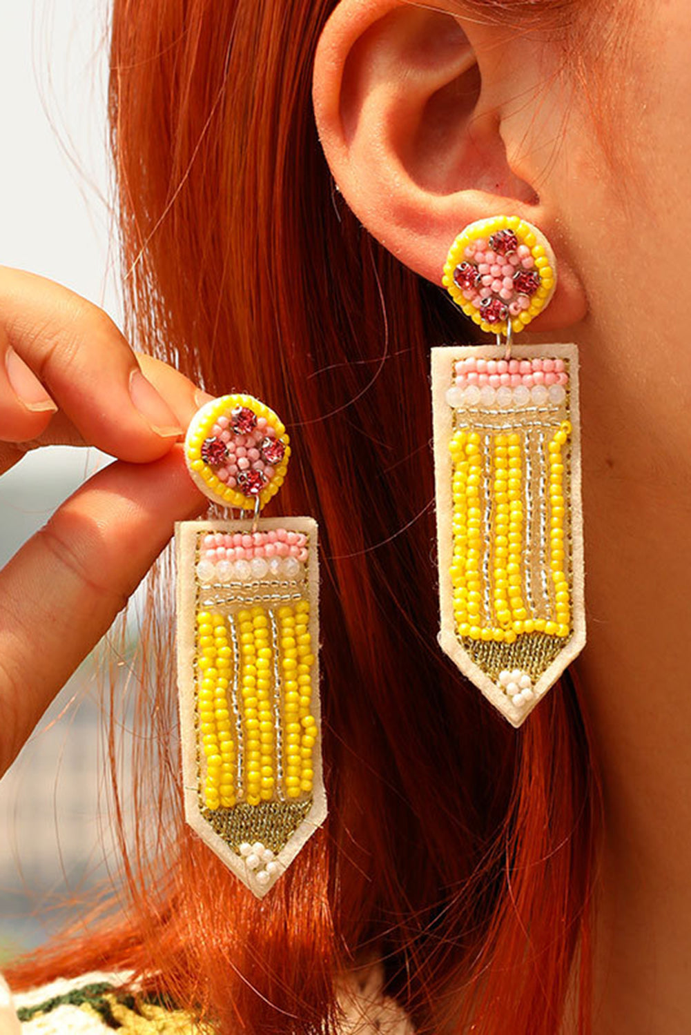 Yellow Beaded Pencil Dropping Earrings