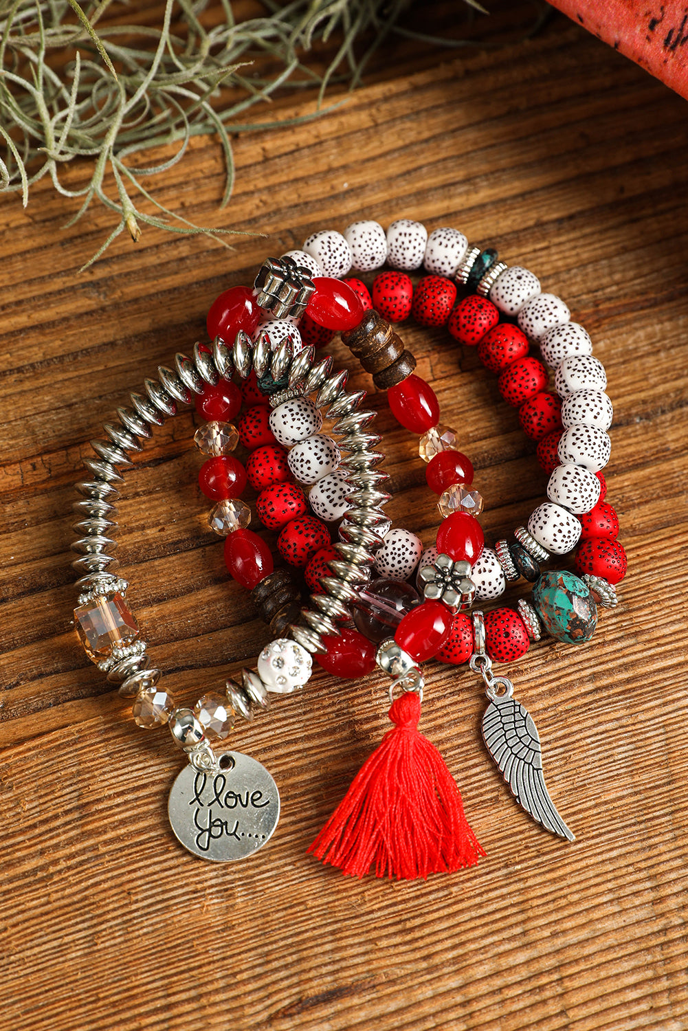 Fiery Red 4pcs Boho Disc Tassel Wing Pendant Beaded Bracelet Set