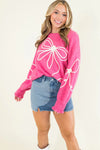 Bright Pink Sweet Bow Pattern Drop Sleeve Knit Sweater