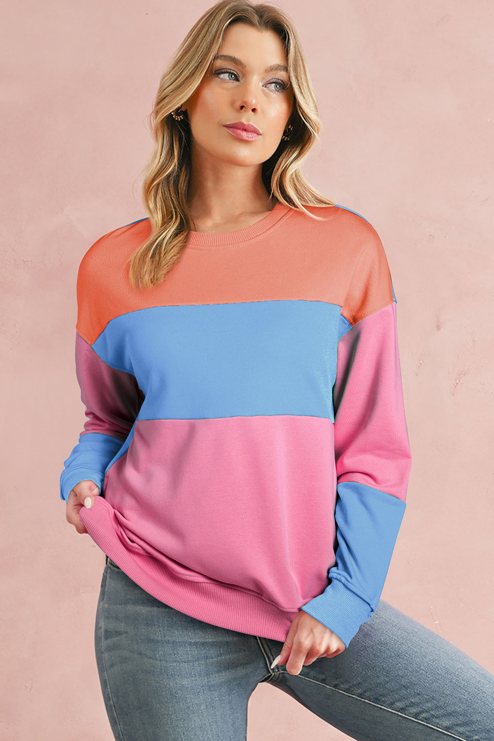 Sky Blue Colorblock Drop Shoulder Sweatshirt