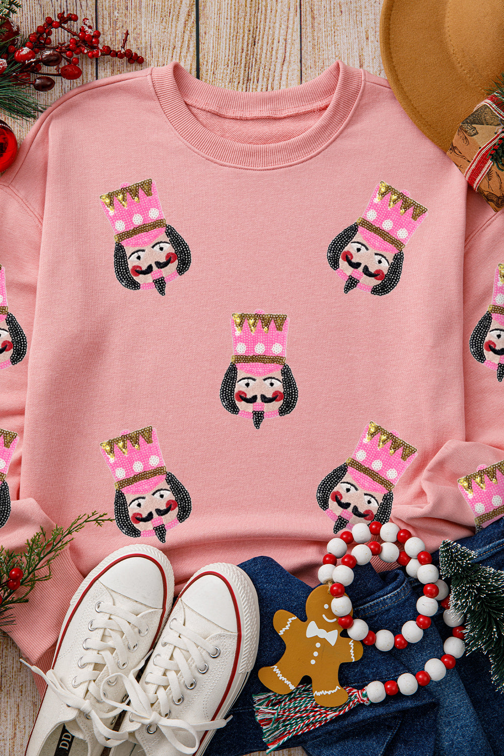 Pink Sequin Nutcracker Graphic Drop Shoulder Christmas Sweatshirt