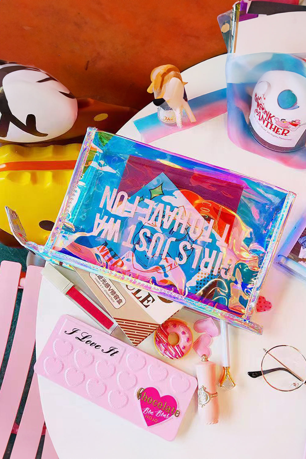 White GIRLS JUST WANT TO HAVE FUN Print Clear Clutch