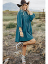 Light Blue Snap Button Empire Waist Lantern Sleeve Corduroy Dress