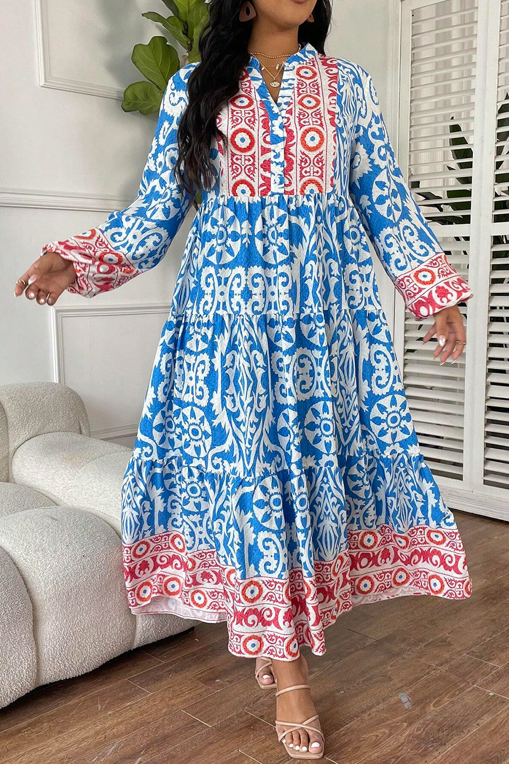 Sky Blue Ethnic Floral Print Notch Neck Plus Size Dress