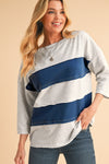 Sail Blue Striped Patchwork 3/4 Sleeves Raw Edge Sweatshirt