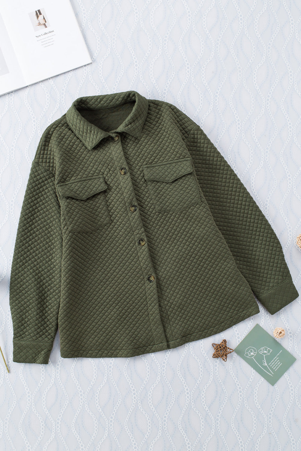 Khaki Lattice Texture Pockets Button Up Quilted Shacket