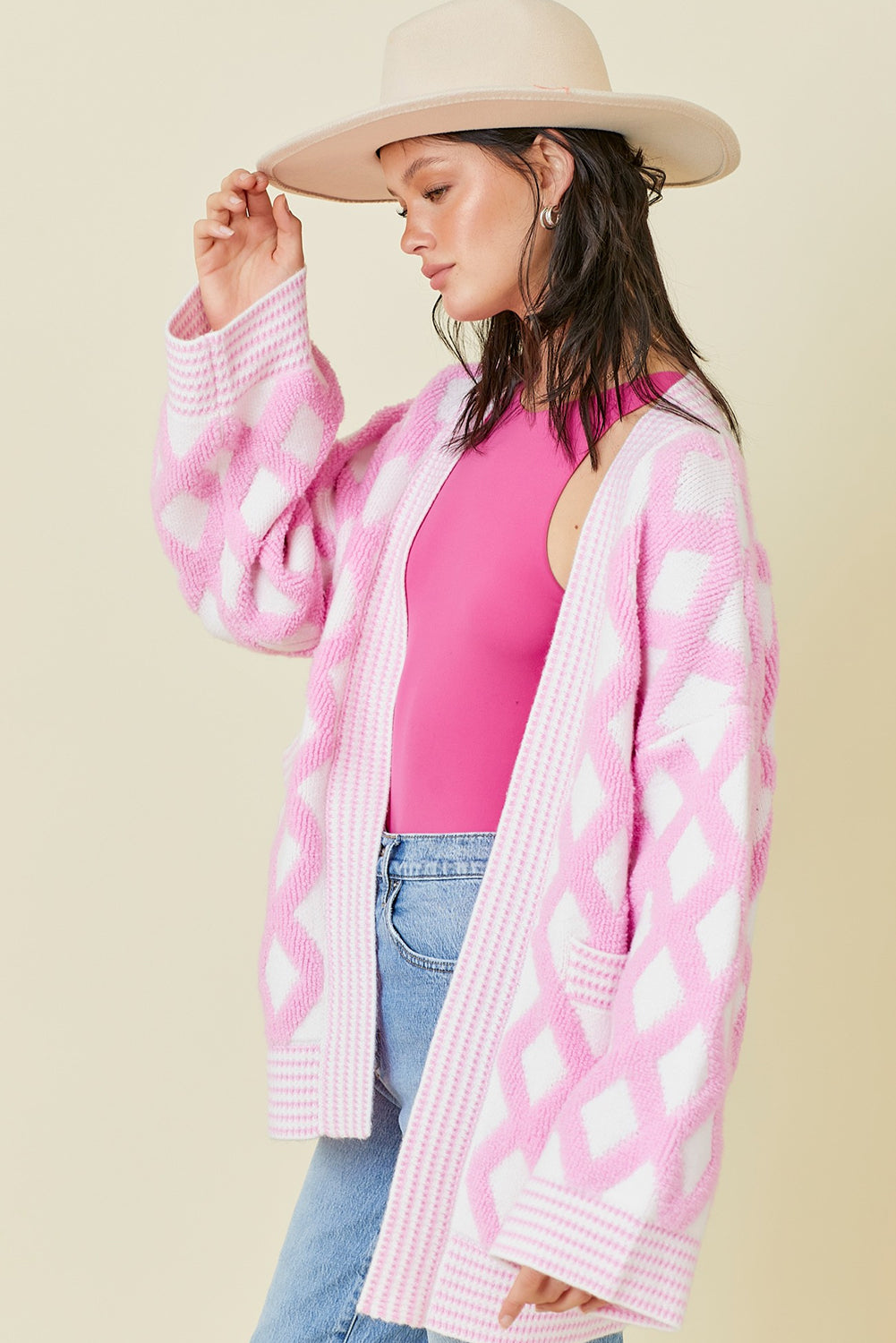 Pink Checkered Pockets Open Front Cardigan