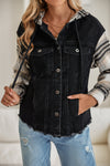 Black Patchwork Plaid Sleeve Frayed Hem Hooded Denim Jacket