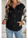 Black Patchwork Plaid Sleeve Frayed Hem Hooded Denim Jacket