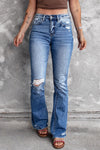 Dark Blue Ripped Raw Hem High Waist Flare Jeans - Cocoa Yacht Club