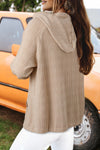 Smoke Gray Solid Color Textured Knit Drawstring Hoodie