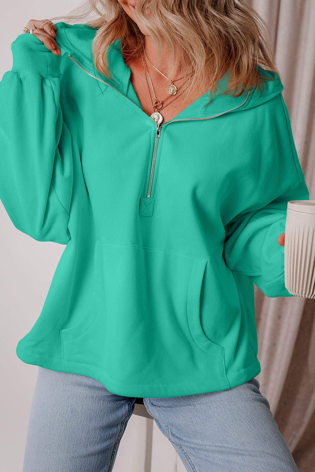 Smoke Green Half Zipper Kangaroo Pockets Drop Shoulder Hoodie