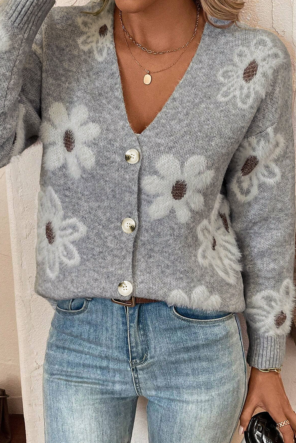 Smoke Gray Floral Print V Neck Knitted Button Up Cardigan