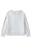 White Contrast Rainbow Trim Drop Shoulder Pullover Sweatshirt