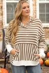 Brown Stripe Drop Sleeve Plus Size Henley Hoodie