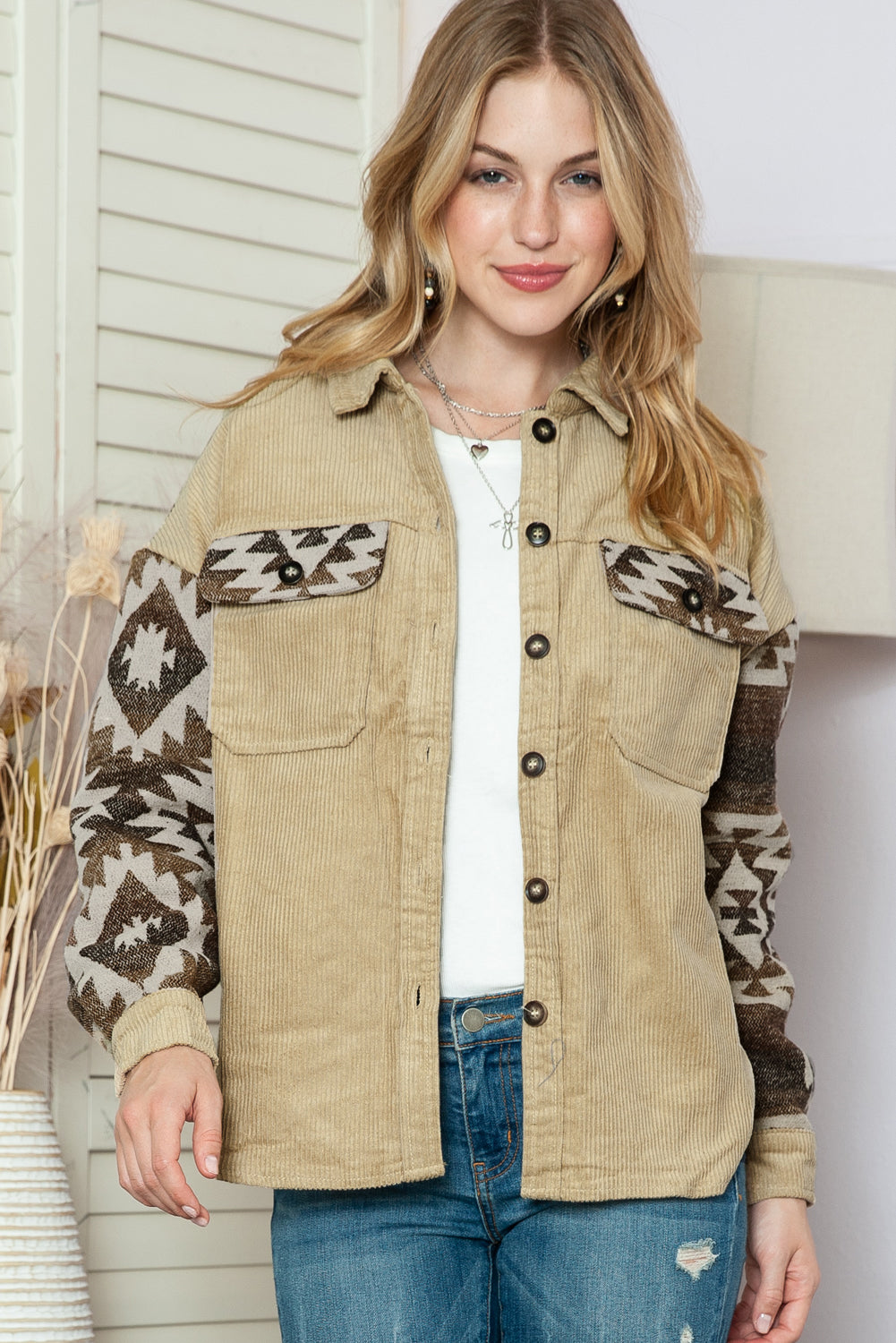 Khaki Geometric Print Patchwork Frayed Edge Corduroy Jacket