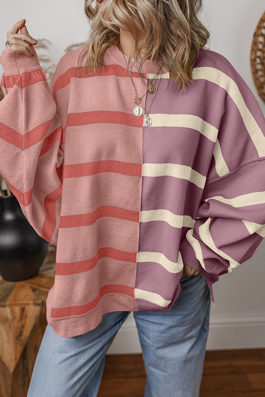 Blue Stripe Exposed Seam Patchwork Loose Sweatshirts