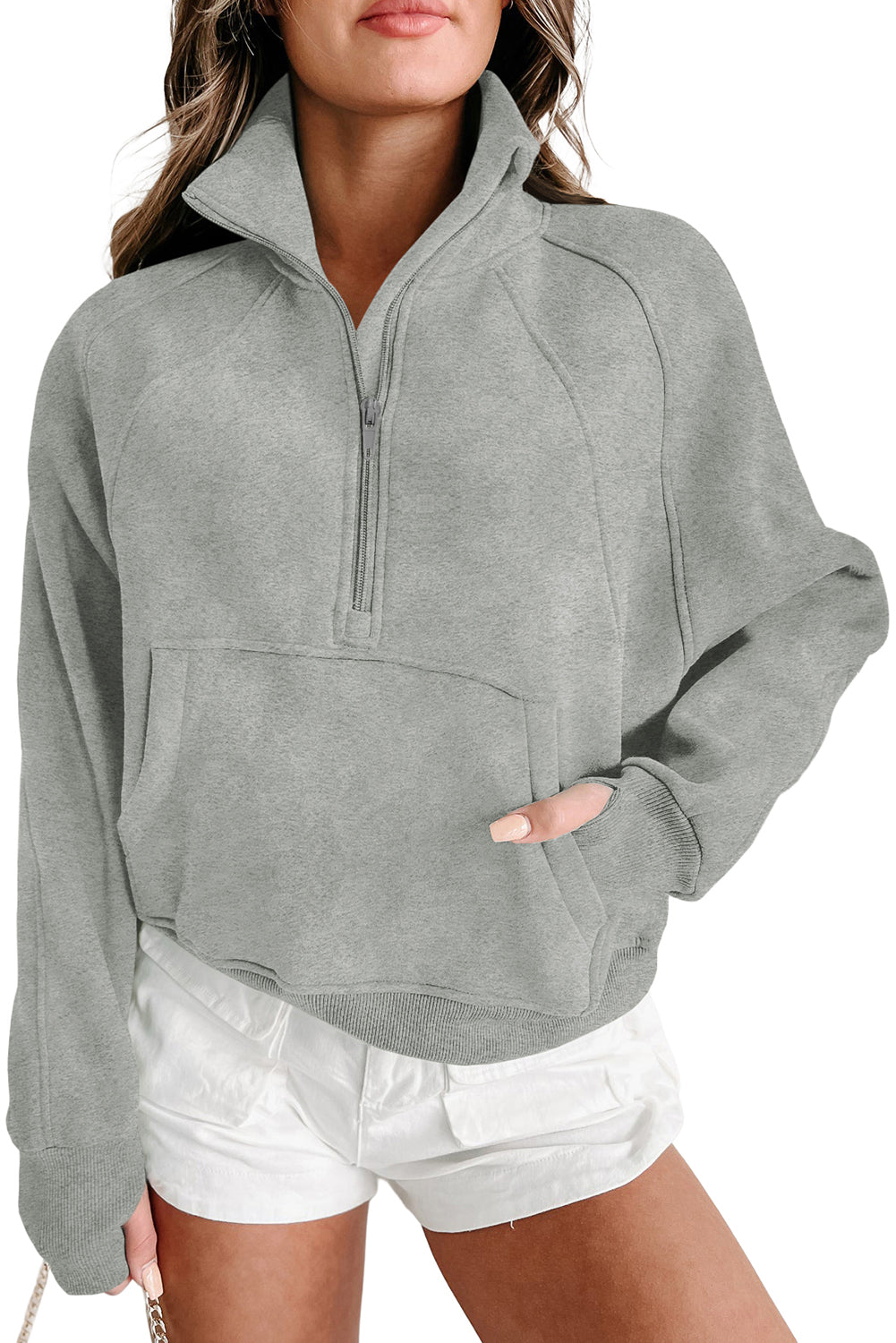 Flamingo Zip Up Stand Collar Ribbed Thumbhole Sleeve Sweatshirt