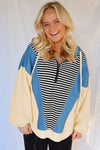 Black Stripe Denim Color Block Quarter Zip Baggy Drawstring Hoodie