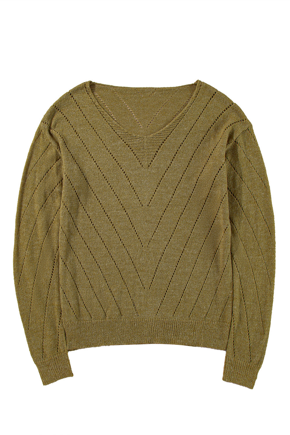 Sage Green Solid Eyelet Drop Shoulder V Neck Sweater