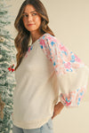 Apricot Crinkle Rib Floral Patchwork Balloon Sleeve Top