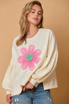 Beige Cute Tinsel Flower Puff Sleeve Sweatshirt