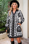 Black Abstract Print V Neck Puff Sleeve Mini Dress