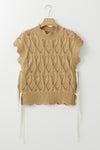 Light French Beige Hollowed Knit Scalloped Trim High Neck Sweater