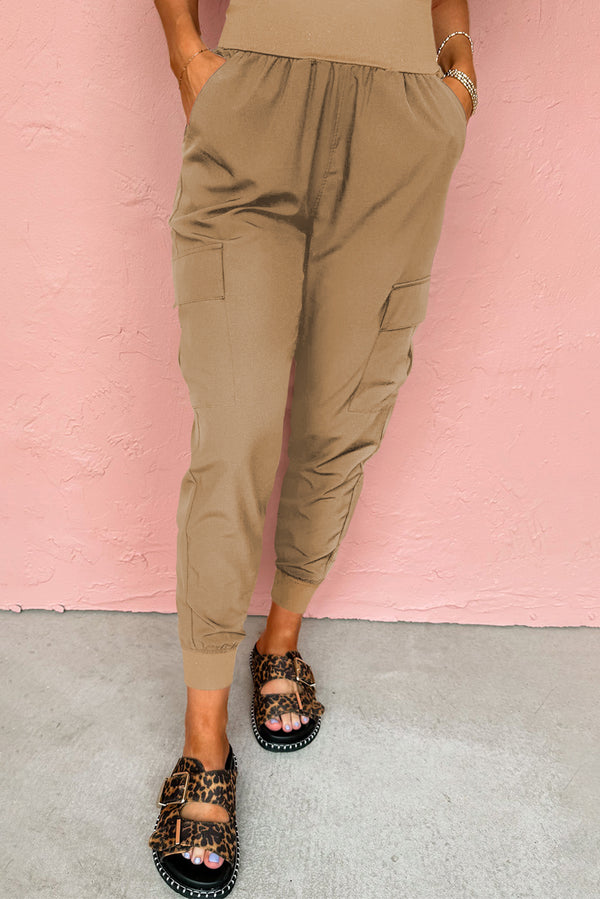 Camel Elastic High Waist Pocketed Cargo Jogger Pants