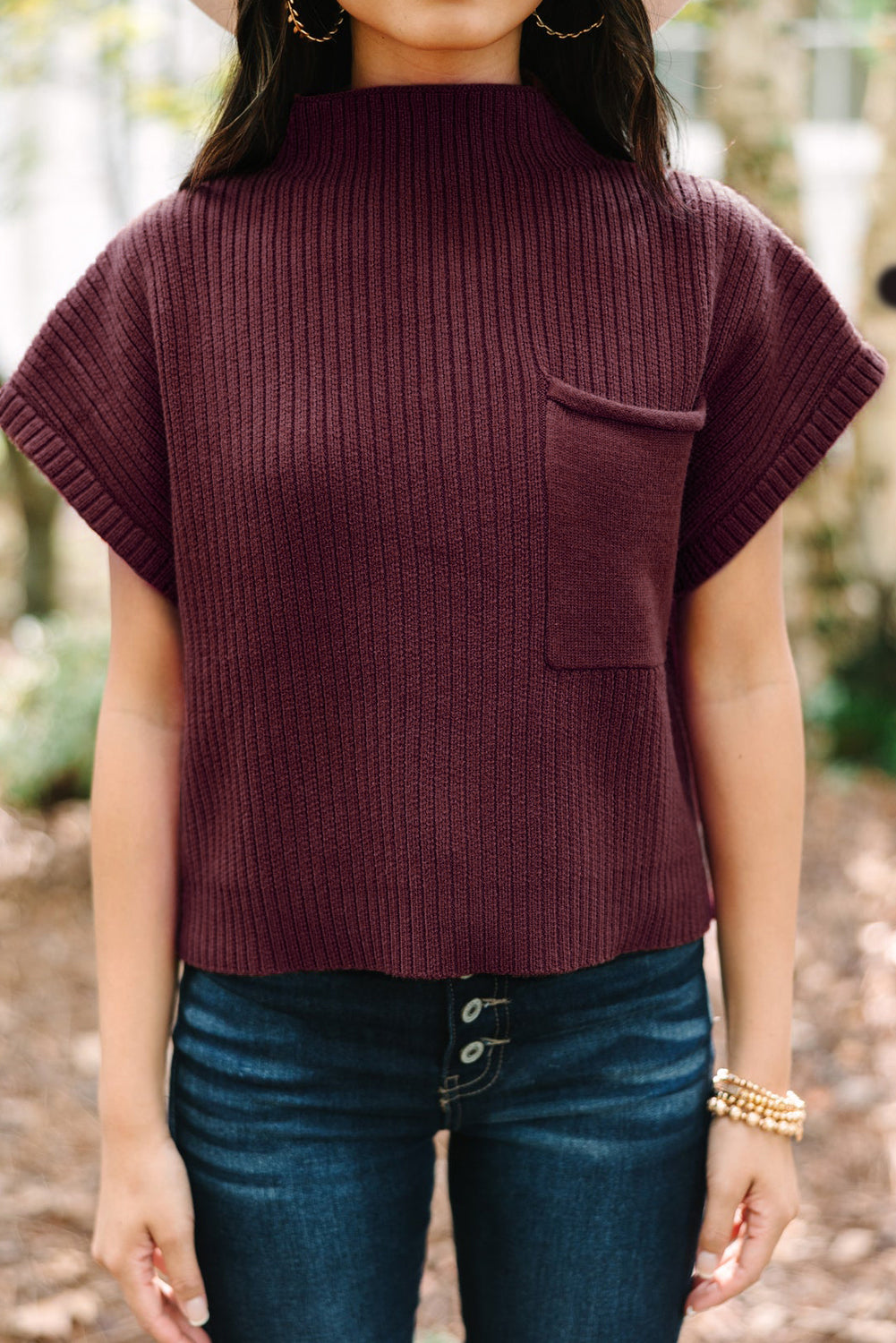 Oatmeal Patch Pocket Ribbed Knit Short Sleeve Sweater