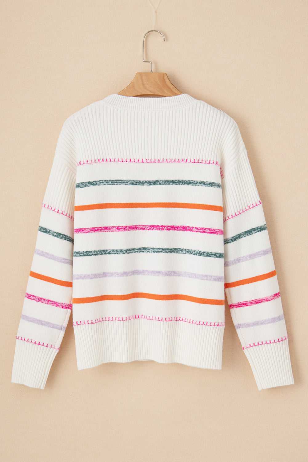 Black Colorful Striped Ribbed Trim Round Neck Sweater