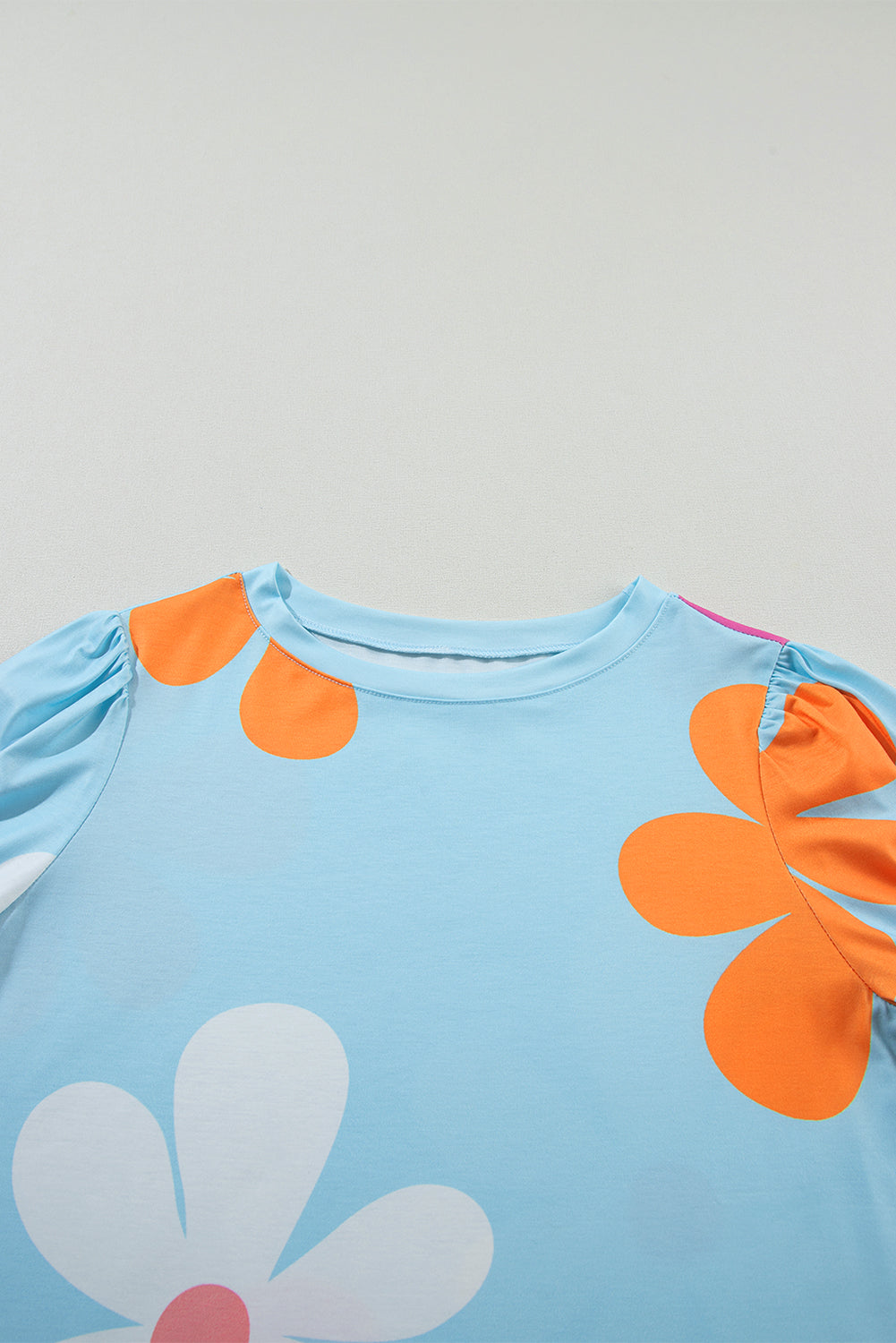 Sky Blue Colorful Flower Print Bubble Sleeve Tee