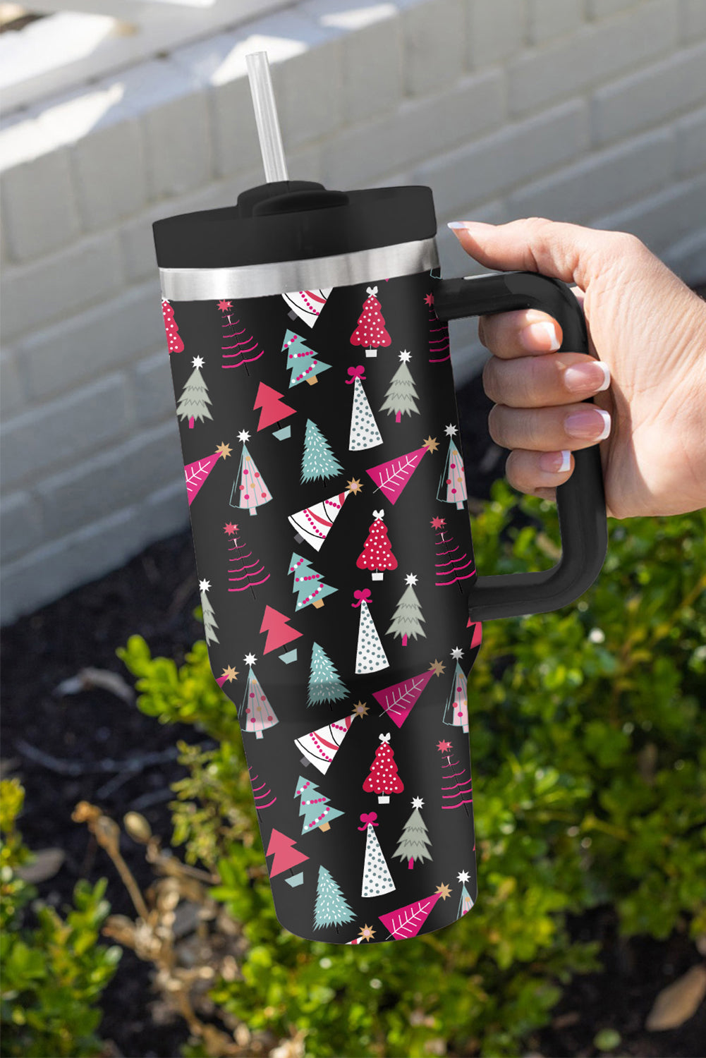 Rose Red Cartoon Christmas Tree Printed Thermos Cup