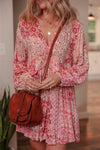 Pink Bohemian Floral Print Tassel Tie Long Sleeve Flowy Mini Dress