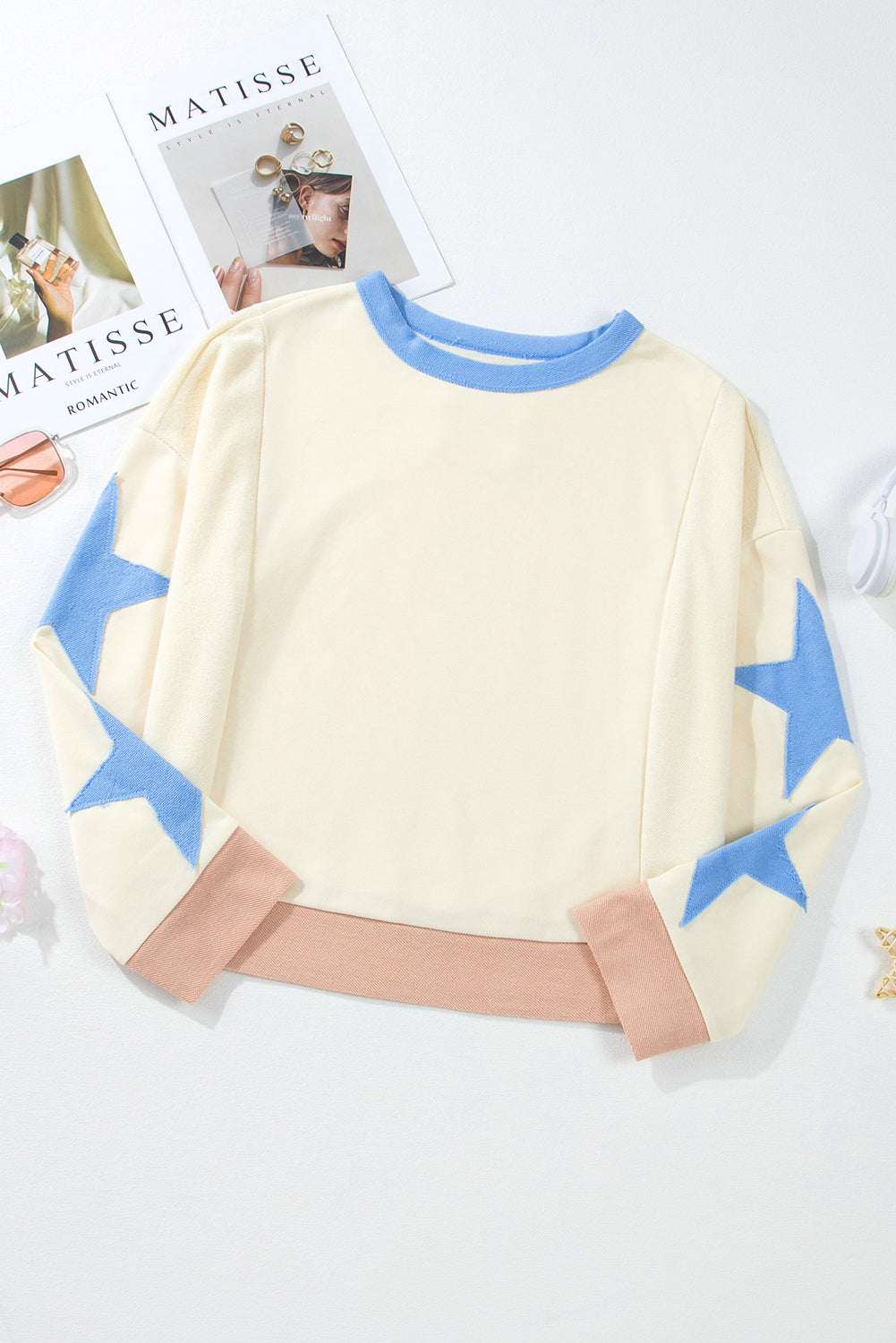 Light Pink Star Patchwork Exposed Seam Oversized Sweatshirt