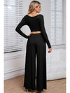 Black Plain Ribbed Crop Top & Wide Leg Pants Two Piece Pants Set