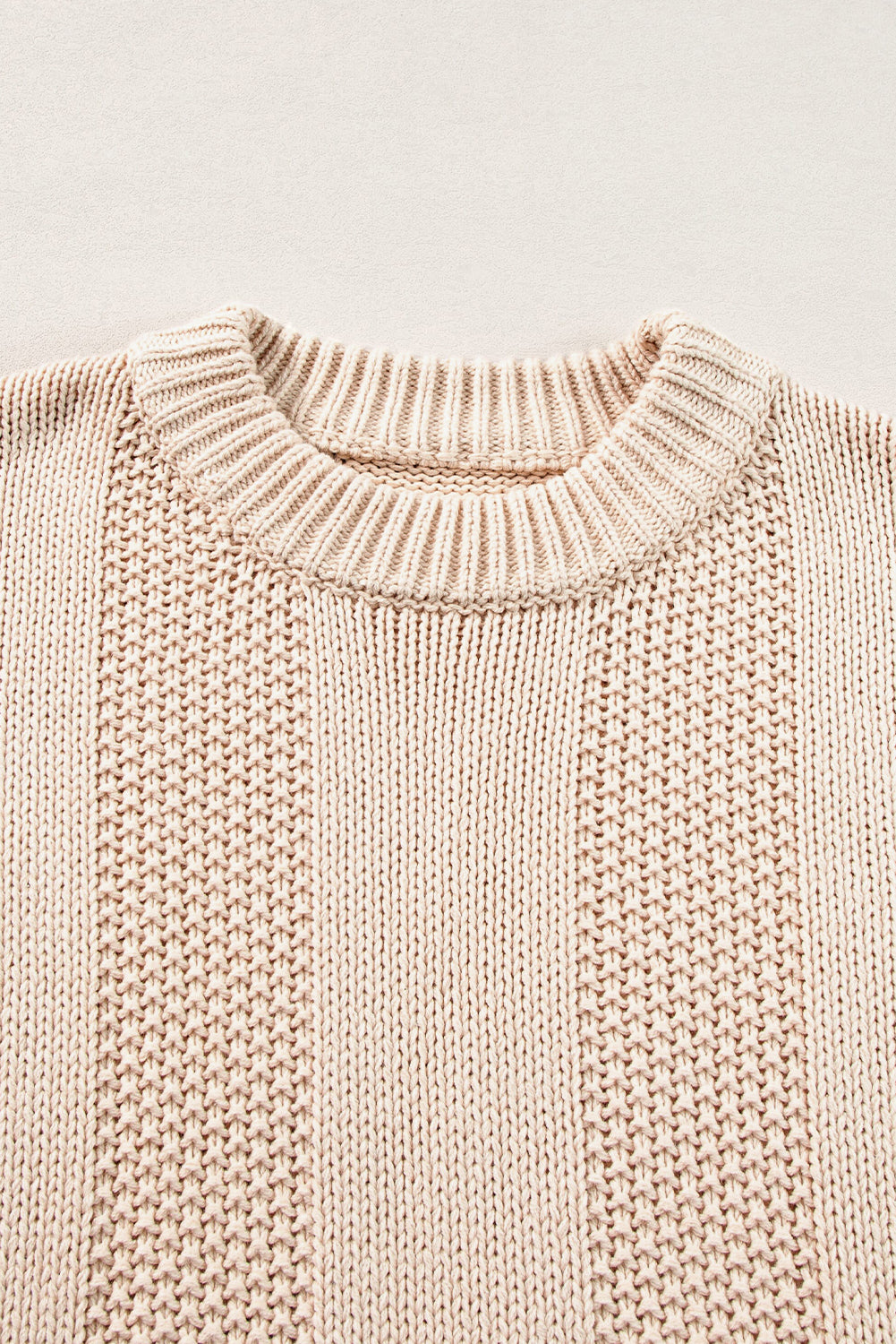 Pale Khaki Solid Color Ribbed Knit Round Neck Sweater