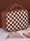 Black Checkered Multiple Compartments PU Leather Cosmetic Bag