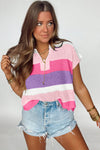 Pink Colorblock Notch V Neck Knit T Shirt