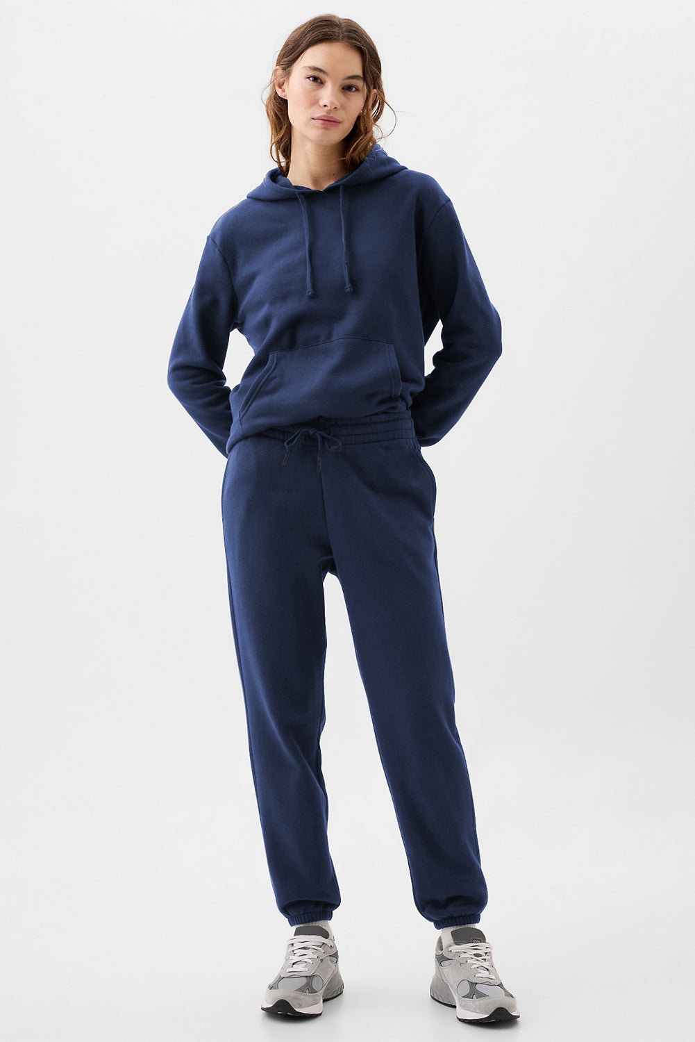 Navy Blue Plain Fleece Lined Drawstring Waist Joggers