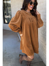 Desert Gold Velvet Pleated Puff Sleeve Shift Short Dress