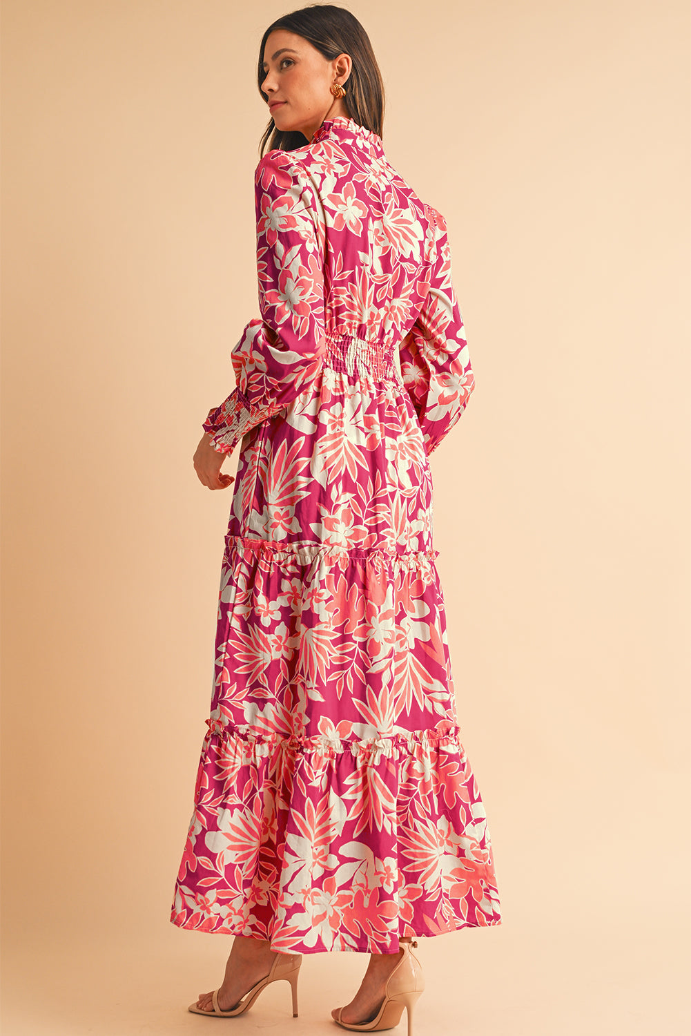 Rose Floral Print Buttoned Smocked High Waist Maxi Dress