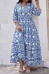 Sky Blue Geometric Print Notch Neck Plus Size Maxi Dress