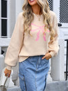 Angel Wings Bow Graphic Round Neck Long Sleeve Sweater - Cocoa Yacht Club