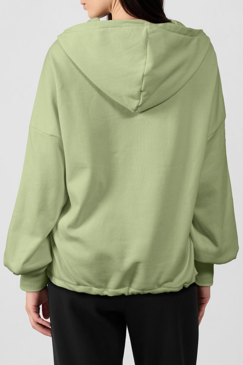 Smoke Green Half Zipper Kangaroo Pockets Drop Shoulder Hoodie