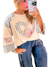 Aqua Plaid Floral Patchwork Heart Long Sleeve Top